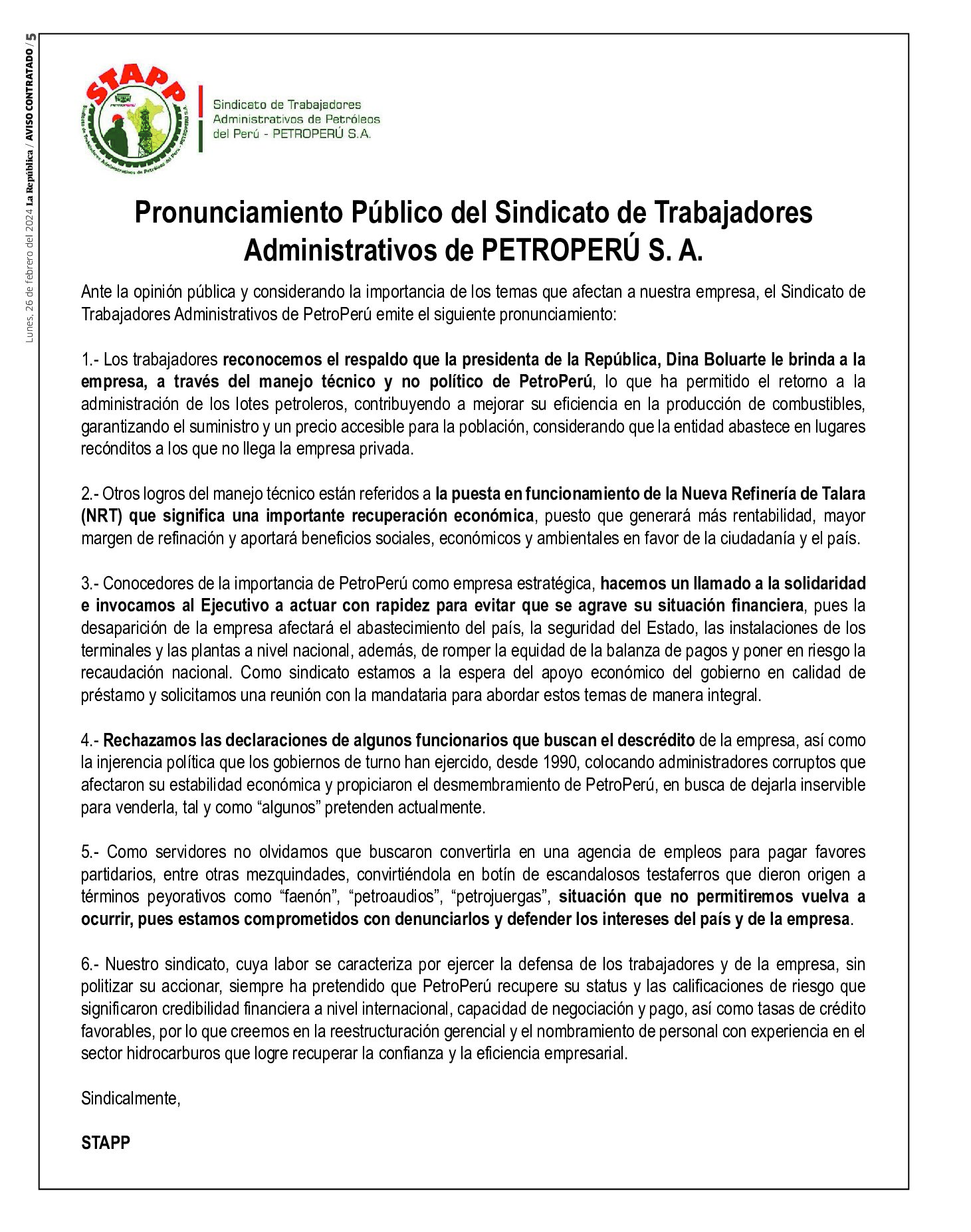 Pronunciamiento Público del Sindicato de Trabajadores Administrativos de PETROPERÚ S. A. (STAPP)